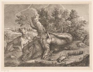 Cane da caccia e preda con cinghiale, cervo e uccelli da Johann Georg Wachsschlunger