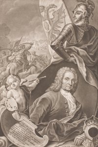 Ritratto del pittore Georg Philipp Rugendas con scena di battaglia sullo sfondo