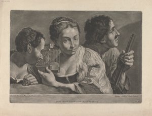 Due donne che ascoltano un uccello, con un uomo che tiene un fucile da Johann Gottfried Haid