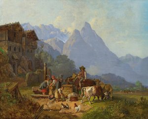 Heinrich Bürkel Villaggio di montagna con fontana c1845