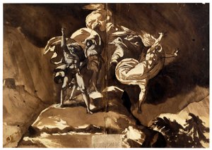 Le streghe fluttuano sopra Macbeth e Banquo