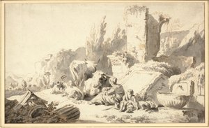 Un mandriano con la sua famiglia e il bestiame accanto a rovine classiche