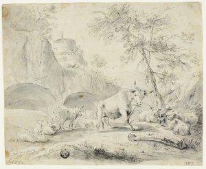 Paesaggio con pastore e pecore, capra, bestiame da Johann Heinrich Roos