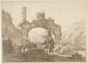 Due pastori guidano il loro bestiame attraverso un fiume da Johann Heinrich Roos