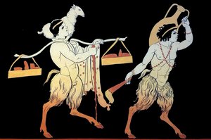 Due fauni che portano tributi e offerte al festival di Dionisia usando un palo da trasporto