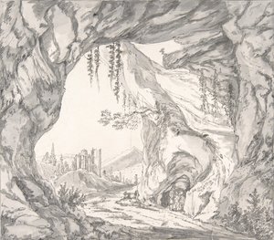 Paesaggio montuoso con rovine di un castello e tre uomini in una grotta..., fine XVIII-inizio XIX sec. da Johann Huber