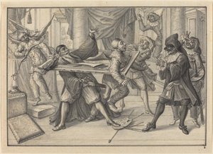 Mezzetin e Arlecchino Usano la Cornice per Catturare Pantalone e Pierrot da Johann Jacob Schubler