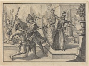 Pantalone e il dottore che combattono con Colombina e Brigatella nel giardino da Johann Jacob Schubler