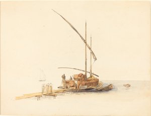 Barili di vino caricati su una chiatta a vela a Vevey
