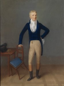 Ritratto di un signore biondo in figura intera in costume da equitazione, appoggiato a uno schienale di sedia