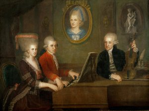 La famiglia Mozart: al pianoforte, Wolfgang e la sorella Nannerl; il padre Leopold Mozart con il violino... (olio su tela)