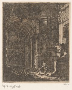 Due figure illuminano rovine antiche con una torcia da Johann Oswald Harms