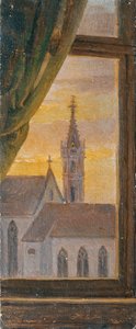 Vista da una finestra su un campanile gotico da Johann Peter Krafft
