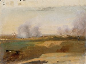 Studio di paesaggio con villaggi in fiamme sullo sfondo