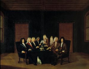 Guerra di successione spagnola: i plenipotenziari riuniti attorno al maresciallo duca di Villars e al principe Eugenio di Savoia-Carignano al Congresso di pace a Borden, il 7/09/1714 da Johann Rudolph the Elder Huber