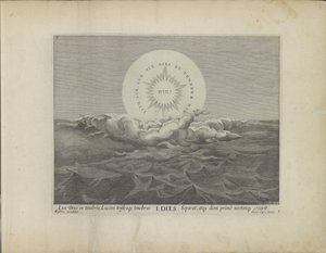 Primo giorno della creazione: separazione della luce dalle tenebre (creazione del mondo, Theatrum Biblicum Hoc Est Historiae Sacrae Veteris et Novi Testamenti Tabulis Aeneis Expressae) da Johann Sadeler (I)