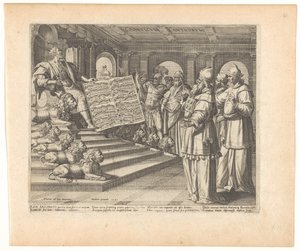 Stampa del mottetto e frontespizio con Salomone come compositore del Cantico dei Cantici (serie Hooglied di Salomone) da Johann Sadeler (I)