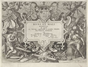 Cornice ornamentale con Adamo ed Eva (Storia della famiglia di Caino / Sulle buone e cattive opere) da Johann Sadeler (I)