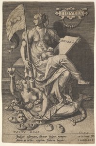 Fiducia, una donna seduta tiene un libro e uno stendardo mentre gira la testa lontano da un orso nudo, 1579 da Johann Sadeler I