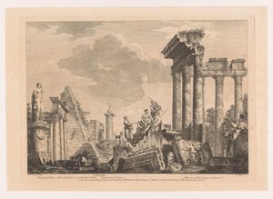 Cinque uomini che discutono vicino a rovine antiche