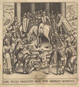 Uomini che raccolgono sterco caduto dal posteriore di un mulo, con un cavaliere seduto dietro, 1592-1614 da Johann Theodor de Bry
