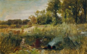 Paesaggio fluviale con bambini al fuoco