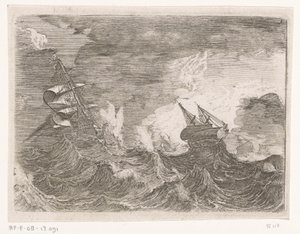 Cinque navi a vela in mare durante una tempesta (serie Schepen in stormachtig weer) da Johann Wilhelm Baur