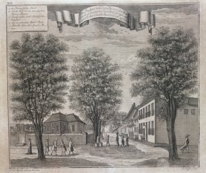 La chiesa portoghese e case cinesi ed europee in una strada di Batavia, da una serie di vedute di Batavia 