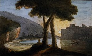 Tramonto sulle rovine romane. Acquerello di Johann Wolfgang Von Goethe (1749-1832). Inizio del XIX secolo