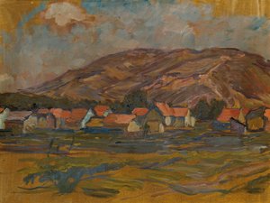 Paesaggio con case e montagna