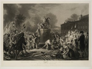 Abbattimento della statua di Giorgio III, dai Figli della Libertà, al Bowling Green, Città di New York, luglio 1770, inciso da John C. McRae