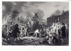 Abbattimento della statua di Giorgio III da parte dei Figli della Libertà, al Bowling Green, città di New York, luglio 1776, pub. 1875 da Johannes Adam Simon after Oertel