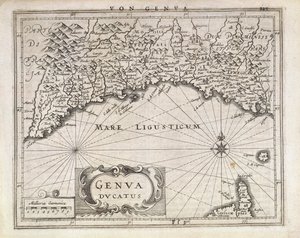 Ducato di Genova, Mappa di Jan Baptist Vrients da atlante tedesco, Incisione su rame, metà del XVII secolo da Johannes Baptista Vrints