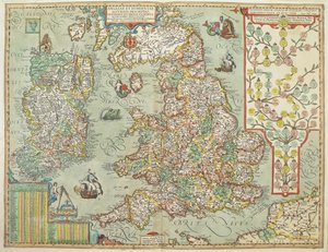 Mappa di Inghilterra e Irlanda disegnata nel 1606 (incisione colorata) da Johannes Baptista Vrints