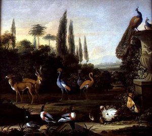 Paesaggio di un parco con cervi e uccelli esotici (c.1710) da Johannes Bronckhorst