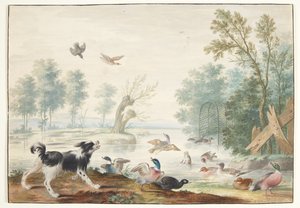 Un cane e anatre vicino al lago da Johannes Bronckhorst