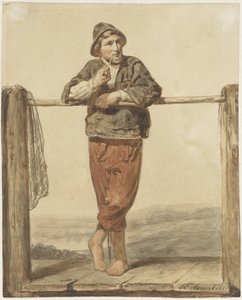 Uomo in piedi che fuma la pipa, di fronte