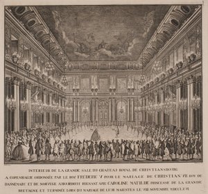 Balletto di corte nella sala dei cavalieri di Christiansborg al matrimonio di Cristiano VII con Carolina Matilde da Johannes Gottfred Bradt