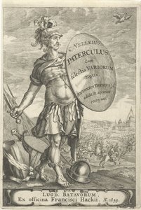 Guerriero romano davanti a un campo di battaglia da Johannes Hackius