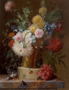 Natura morta di fiori su un davanzale con un gatto da Johannes Hendrick Fredriks