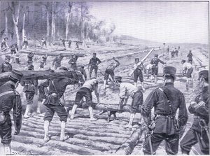 Ingegneri giapponesi che costruiscono una strada di legno per le truppe, illustrazione da Cassells History of the Russo-Japanese War Vol 1, c.1900