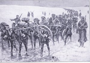 Giapponesi in marcia. Uomini al posto dei pony da soma, illustrazione da Cassells History of the Russo-Japanese War Vol 1, c.1900 da Johannes Hermann Barend Koekkoek