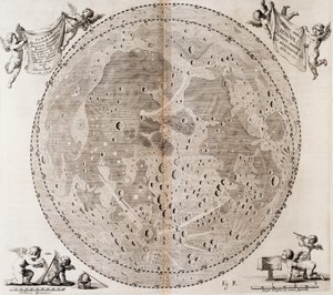 Prima mappa dettagliata della Luna disegnata nel 1647 da Johann Hevelius, stampa tratta dall