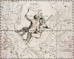 La costellazione dei Gemelli, illustrazione dal Firmamentum Sobiescianum sive Uranographia, di Johann Hevelius (1611-1687), Danzica 1690
