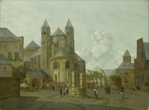 Paesaggio urbano immaginario con chiesa romanica
