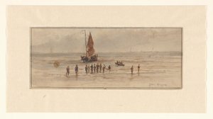 Vista della spiaggia con pescatori e veliero