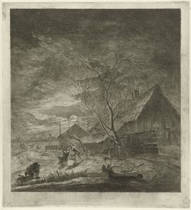 Paesaggio notturno con fattoria e pattinatori