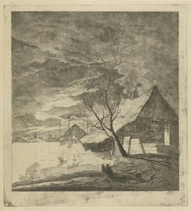 Paesaggio notturno con fattoria e pattinatori