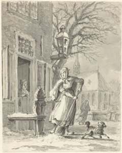 Una domestica spala neve davanti a una casa da Johannes Jelgerhuis