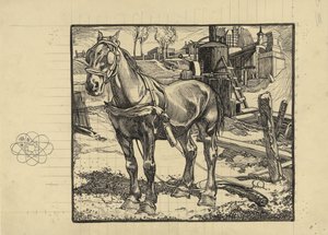 Cavallo da lavoro, riposando vicino a una macchina per palificazione da Johannes Josephus Aarts